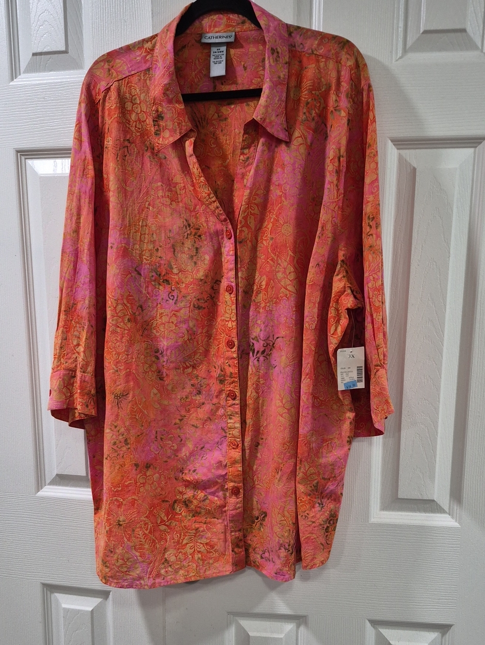 Catherines Pink Orange Paisley-Print Button Down Shirt